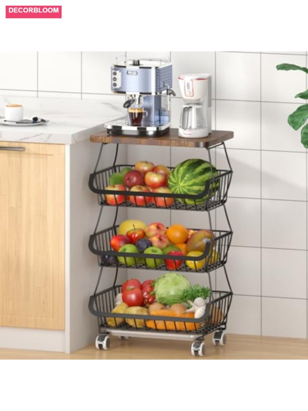 4-Tier Stackable Wire Fruit Basket Organizer with Wooden Lid on Wheels